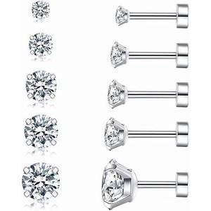 Cubic Zirconia Hypoallergenic Stud Earrings for Women Men Girls 5 pair